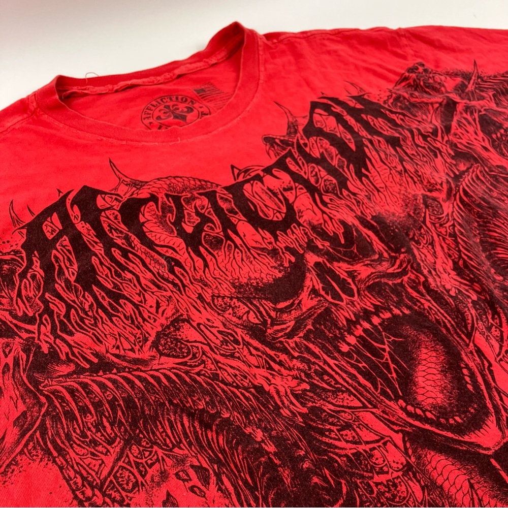 Affliction Oversized Red Graphic Skull Tee with Back Cutouts - Picture 3 of 9